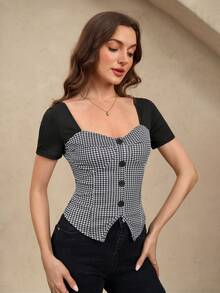 EMERY ROSE Blusa de trabajo elegante y casual con botones delanteros y manga corta, silueta entallada para dama - Multicolor - Ver 4