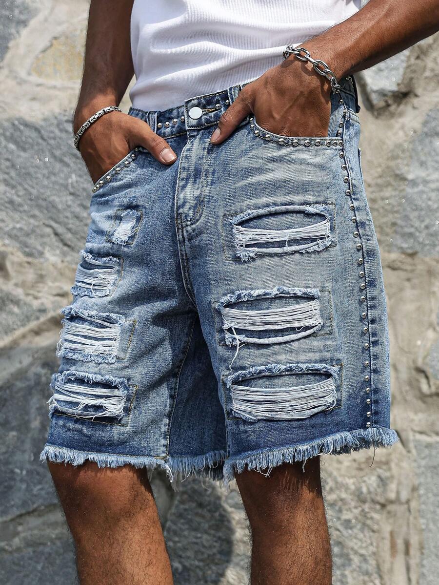 Manfinity EMRG Men's Ripped Denim Shorts Blue Jean Shorts With Frayed Hem And Studded Sides Avant-Garde Hip-Hop Streetwear Style - Blue - View 1