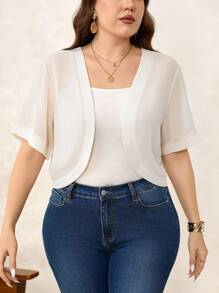 Chikora Áo khoác lửng tay ngắn màu trơn cỡ lớn mùa hè cho mùa thu/đông - Màu be - Xem 6