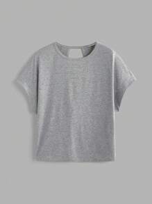 SHEIN Essnce 3 件套女士休闲圆领宽松后背镂空短袖 T 恤套装，适合夏季