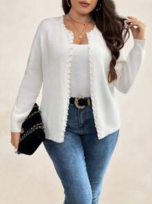 SHEIN Clasi Plus Size Pearls Beaded Cardigan, For Winter Fall - White - View 5