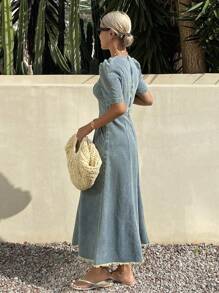 Livesso Vestido vaquero de mujer con cuello cuadrado, mangas de farol y flecos, estilo occidental lavado para el verano