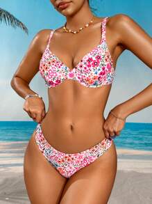 SHEIN Swim 女士花卉印花性感比基尼两件套泳衣套装，夏季海滩 - 彩色 - 查看 3