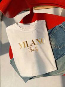 Women's Elegant And Modern Luxury Design T-Shirt, Bold Glittering Gold "MILANO" Letter And More Refined "ITALY" Text, Minimalist Style Women's Round Neck Cropped Tee