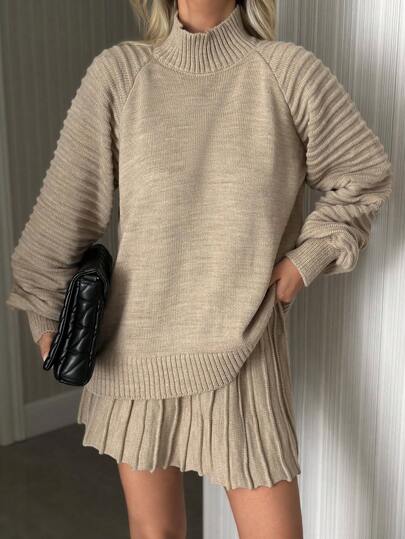EURMUSE Plus damski sweter z golfem i plisowaną spódnicą, 2 sztuki, zestaw 2 sztuk, jesień/zima
