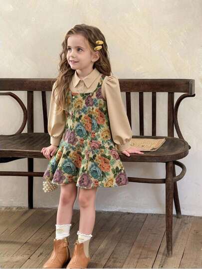 SHEIN LMoss Kids LMoss Young Girl 复古花卉二合一长袖衬衫和连衣裙