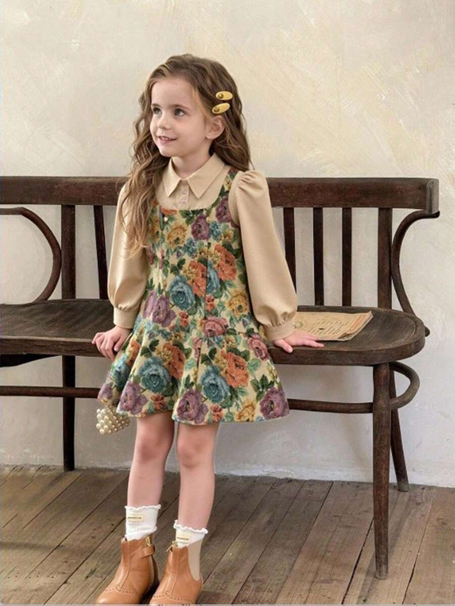 SHEIN LMoss Kids LMoss Young Girl Vintage Floral 2 In 1 Kemeja Lengan Panjang & Gaun Musim Gugur Musim Dingin - Hijau - View 1