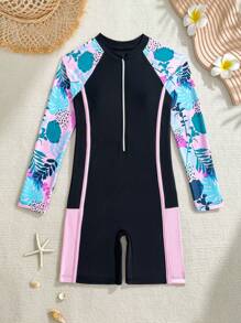 SHEIN Tween Girl Tropical Plant Print Raglan Sleeve One-Piece Swimsuit, Beach Vacation Casual Wear - Multicolor - View 2