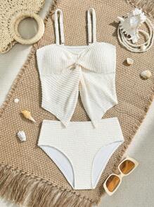 Set di tankini estivi con spalline sottili e groviglio per ragazza pre-adolescente, adatto per spiaggia, piscina, vacanza