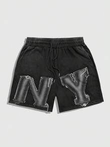 ROMWE MEN Grunge Punk Shorts casuales para hombres con bolsillo delantero y detalles de estampado de letras, uso diario minimalista