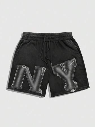 Grunge Punk Pantaloncini casual da uomo con tasche e stampa lettera, dettaglio con lacci frontali, abbigliamento minimalista per uso quotidiano