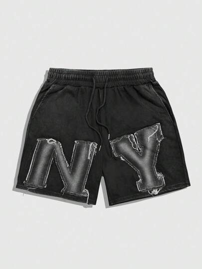 Grunge Punk Men's Front Tie Pocket Letter Print Detail Casual Shorts, Minimalist Daily Wear