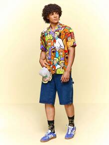 SCOOBY-DOO X SHEIN Men's Cartoon Pattern Front Button Short Sleeve Shirt, Summer