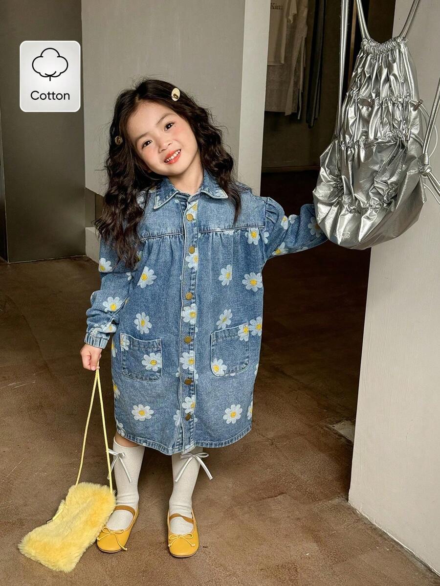 SHEIN 年轻女孩花卉印花牛仔连体裤，可爱风格活力装，适合日常穿着