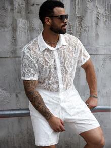 Manfinity RSRT Plus Size Men's Casual Cashew Flower Lace Vacation Shirt Set - White - View 3