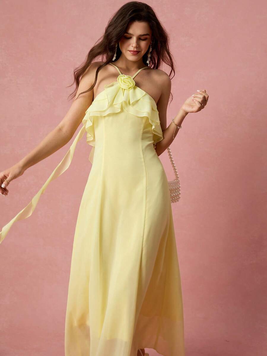 Enchnt Váy maxi hở lưng xếp nếp 3D họa tiết hoa hồng màu vàng bơ lãng mạn mùa xuân/hè dành cho nữ, dây mảnh, viền ruy băng nhún bèo, ngọt ngào và thanh lịch cho kỳ nghỉ, ngày lễ, tiệc tùng, lễ tốt nghiệp và khách dự tiệc cưới, bãi biển, váy dạ hội, váy mùa hè cho nữ, váy chống nắng cho nữ, quần áo mùa hè, váy thanh lịch cho tiệc tùng - Màu vàng - Xem 1