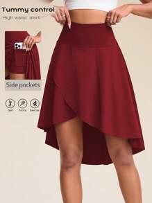 Easithlete 女式高腰裙裤，长款防闪开衩不对称衬里七分裤，带口袋，适合网球、高尔夫、日常休闲穿着 - 酒紅色 - 查看 1