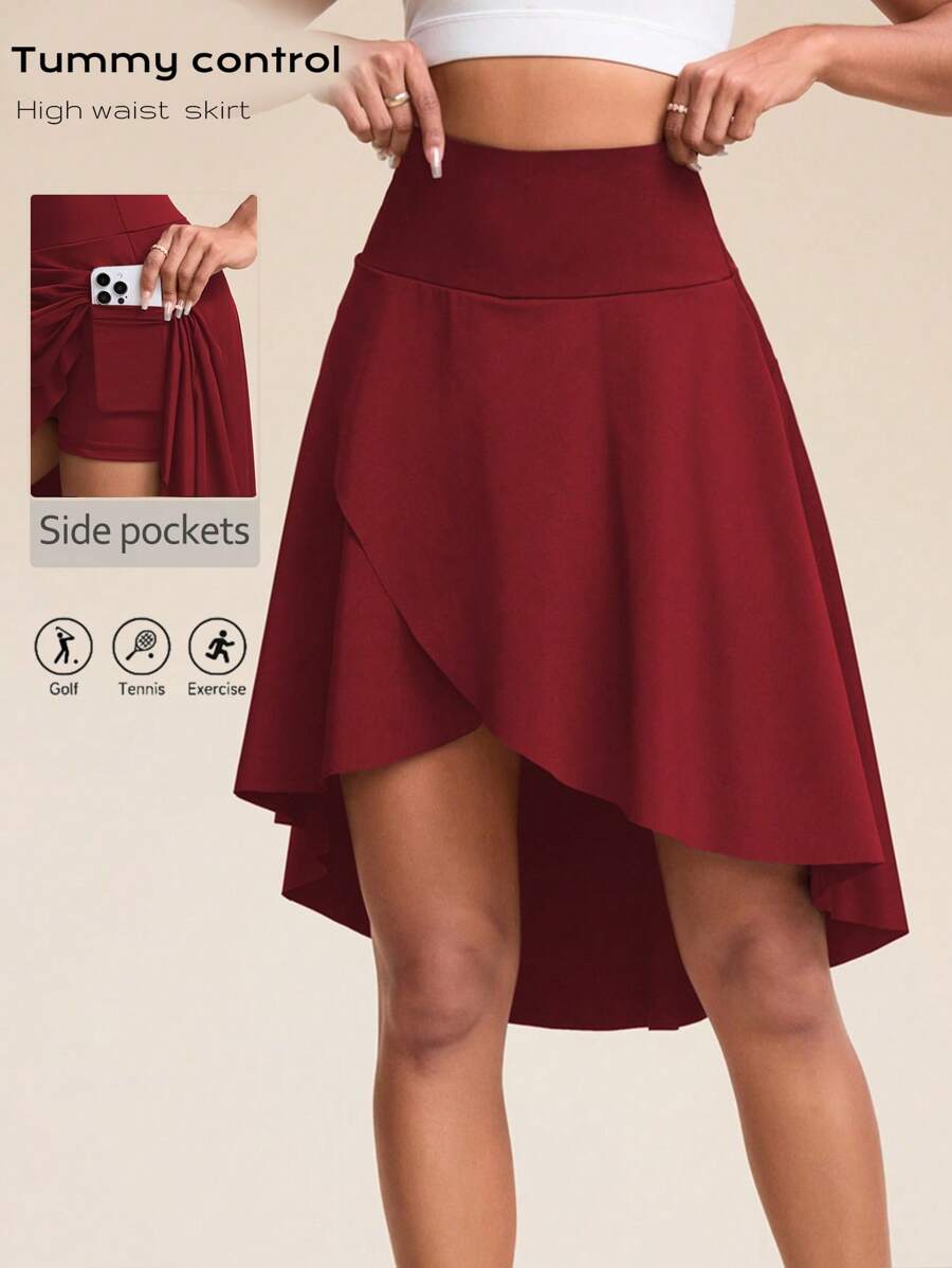 Easithlete 女式高腰裙裤，长款防闪开衩不对称衬里七分裤，带口袋，适合网球、高尔夫、日常休闲穿着 - 酒紅色 - 查看 1
