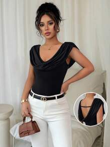 Chiquease Women's Summer Gathered Twist Detail T-Shirt Shawl Collar Top, Fitted & Casual Commuting Top - Black - View 1