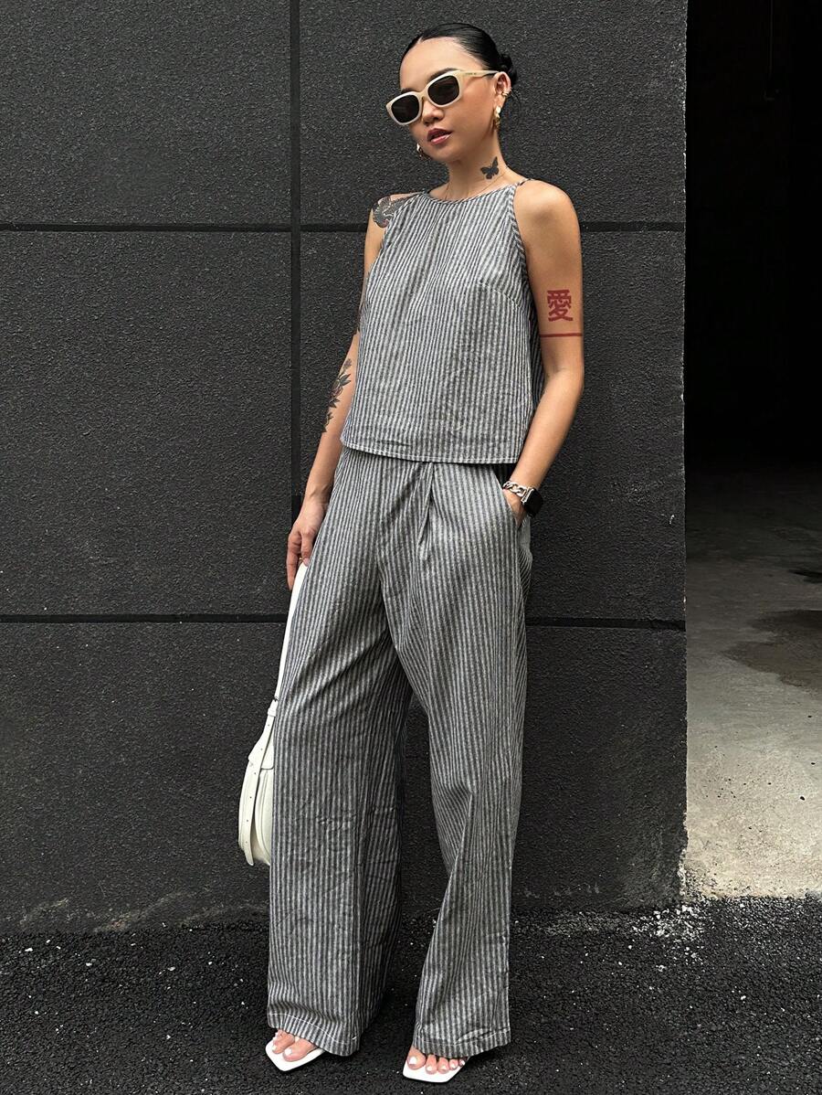 DAZY 2件套女士夏季条纹细肩带上衣和裤子休闲套装 - 灰色 - 查看 1