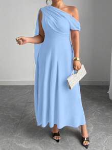 Elenzga 大码女式纯色荷叶边单肩优雅连衣裙 女式休闲连衣裙 生日女式加大码太阳裙 女式生日女装 - 藍色 - 查看 4