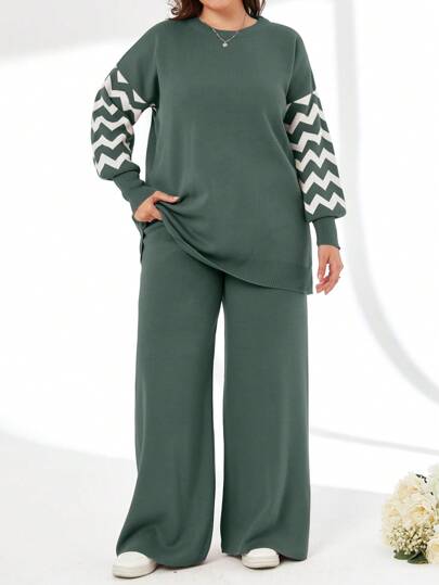 Striped Color Block Sweater And Pants Two Pieces Set