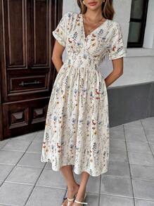 Pariaura Women's Casual Ditsy Floral Cinched Waist Waist Dress, Shirred Floral Mini Dress Women Summer Clothing