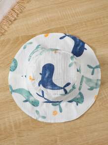 SHEIN Vintaside Kids Baby Boy Cute Ocean Animal Print Round Neck Button Short Sleeve T-Shirt, Shorts And Sun Protection Hat 3pcs/Set, Casual