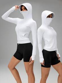 SHEIN Tall Women Solid Color Zip-Up Hooded Slim Fit Breathable Casual Long Sleeve Outdoor Sunscreen Hooded Jacket Sun Uv Protection Jacket,For Daily Wear - White - View 10