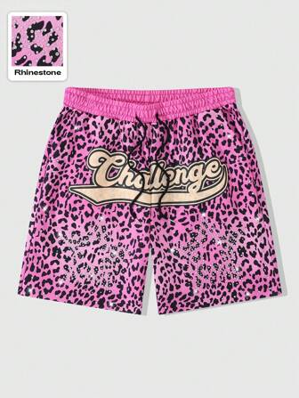 Street Life Men's Leopard Print Drawstring Waist Loose Shorts With Rhinestone Decor