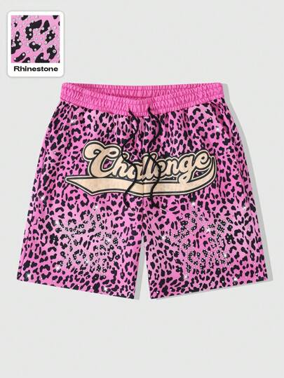 Street Life Men's Leopard Print Drawstring Waist Loose Shorts With Rhinestone Decor