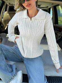 EURMUSE Turn-Down Collar Cable Twist Patterned Zip-Up Knitted Cardigan,Cardigans For Women,Long Cardigans Woman,Petite Cardigans,Cardigans - White - View 2