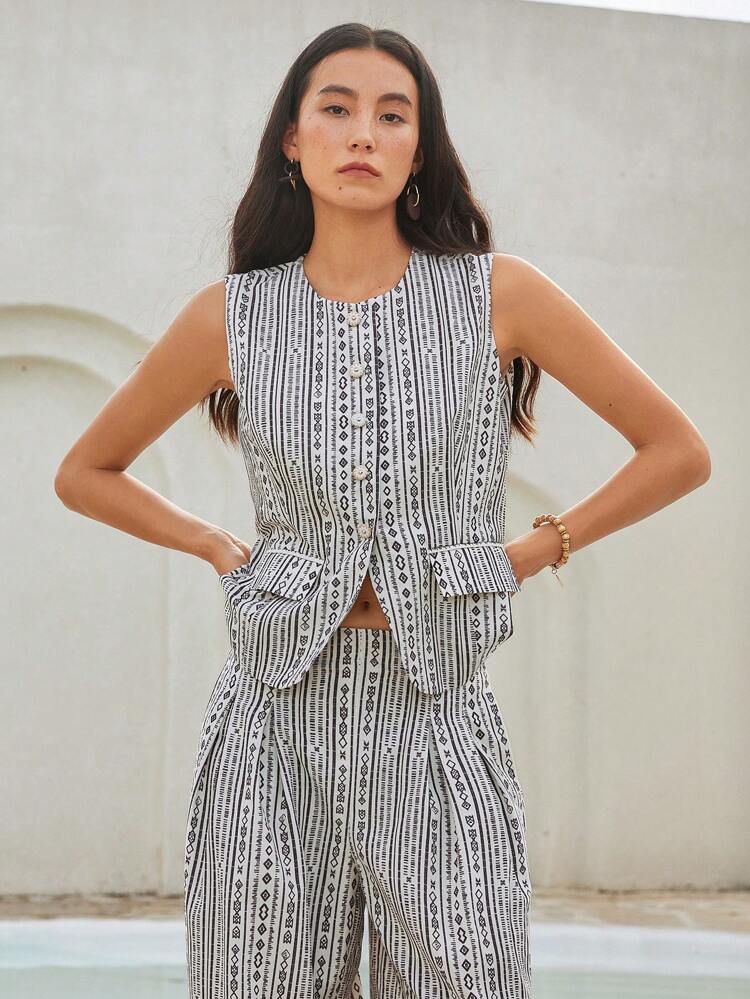 Women's Summer Casual Bohemian Style Striped & Diamond Pattern Knit Vest & Straight Leg Pants 2pcs Outfit Set Business Casual Woman Work Clothes