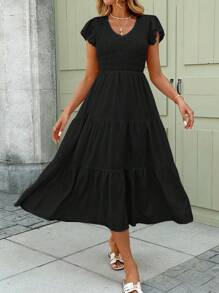 SHEIN LUNE Spring Romantic Date Ruffled & Layered Hem Pink Mid-Length Dress For Women Black Summer Dress Women Black Sundress Women Casual Black Dress Black Vacation Dress Black Beach Dress - Black - View 2