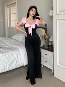 Sweet Ins Two-Tone Strik & Ruffle Patchwork Rugloze Hollow Out Dames Pyjama Jumpsuit, Vakantie