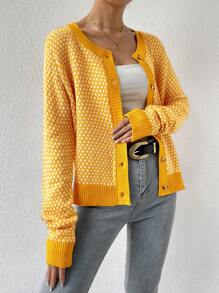 SHEIN LUNE 全身图案撞色边开衫，女士春/秋休闲纽扣常规袖圆领常规版型黄色全身印花女式开衫，休闲日常装，长袖上衣