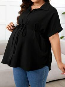 SHEIN Maternity Plus Size Casual Solid Color Button Waist Belt Short Sleeve Top