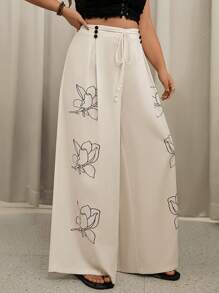 SHEIN VCAY Pantalones de pierna ancha con estampado floral para tallas grandes - Blanco - Ver 6