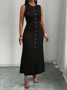 SHEIN PETITE CURVE 大码无袖圆领连衣裙，夏季时尚 - 黑色 - 查看 3