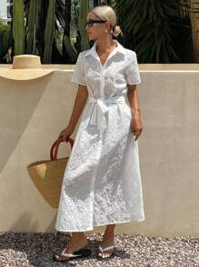 Livesso 女士蕾丝镂空立领褶皱喇叭下摆短袖衬衫裙，夏季度假 - 白色 - 查看 4