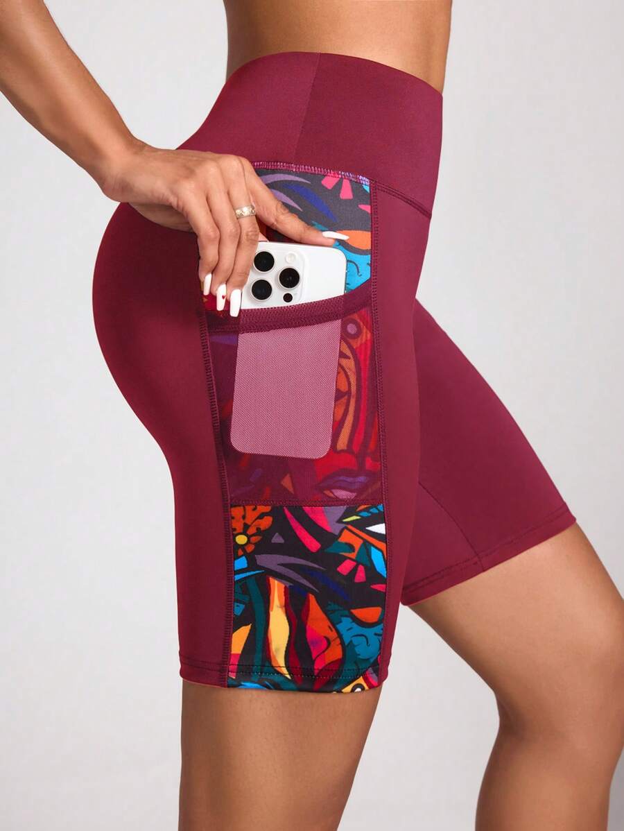 Easithlete Digital Printing Yoga Sports Leggings With Pocket Workout Short - Burgundy - View 1
