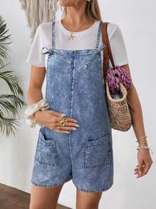 SHEIN Maternity Blue Denim Bib Shorts - Medium Wash - View 3