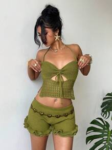 Aloruh 2 pezzi Set di maglia senza maniche e pantaloncini da donna alla moda con collo - Verde militare - Visualizzare 4