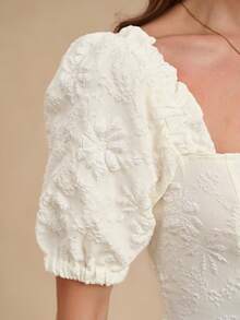 EMERY ROSE Women's Solid Color Daisy Jacquard Fabric Ruched Waist Elegant Daily & Holiday Puff Sleeve Dress - Apricot - View 5