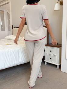 SHEIN Women's Contrast Trim V-Neck Short Sleeve Top And Pants Pajama Set With Cherry Embroidery Cherry Pajama Set