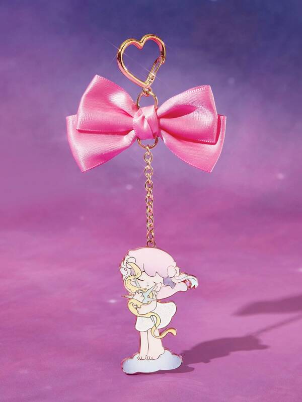 Pop Mart Azura X SHEIN Delicate Handmade Pink Bow Detail Cartoon Pattern Metal Keychain Bag Charm Pendant, Dreamlike