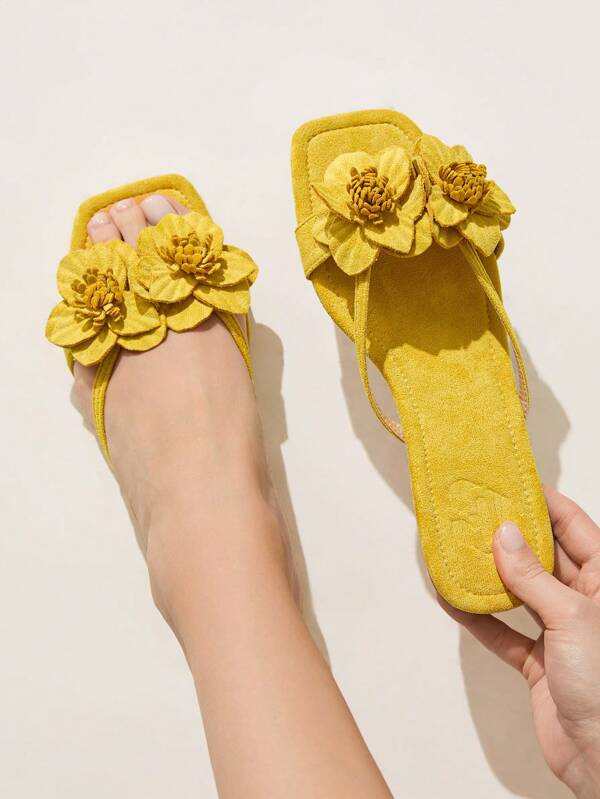CUCCOO CHICEST Women's Floral Cross-Strap Square Toe Flat Sandals, Elegant Casual Comfortable Yellow Suede-Like Summer Beach Shoes For Afternoon Tea, Date, Holiday And Beach