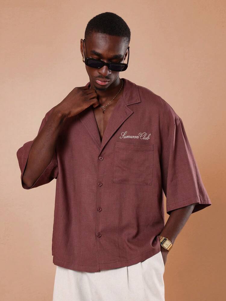 Linen Look Button Down Notched Collar Boxy Fit Oversized Men Shirt