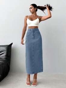 EURMUSE Women High Waist Long Straight Casual Versatile Denim Skirt - Light Wash - View 5