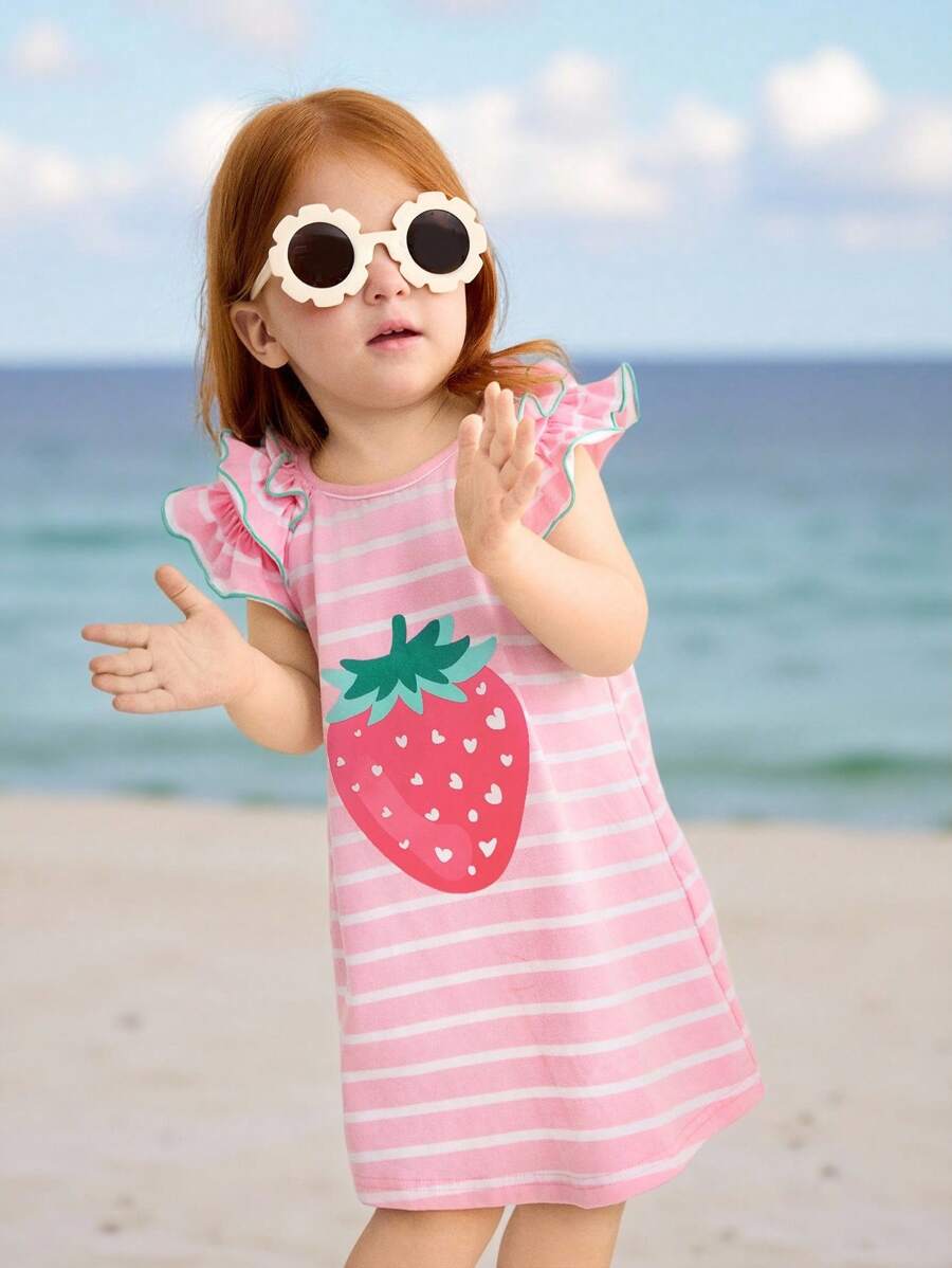 SHEIN Baby Girl Casual Simple Comfortable Round Neck Ruffle Sleeve Strawberry Print Dress - Pink - View 1